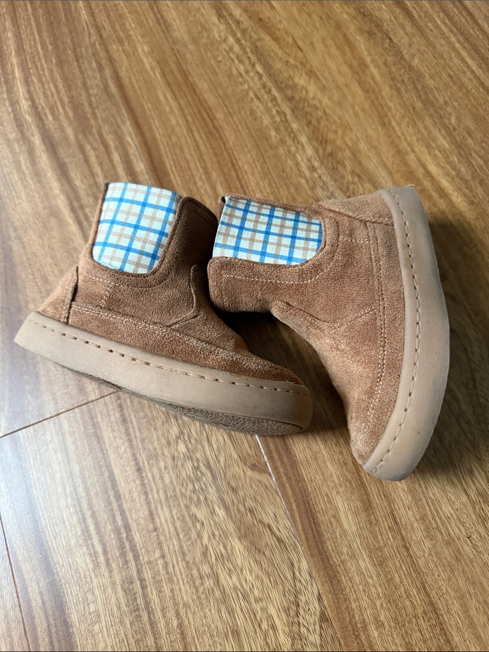 Kids Brown Suede Slip-On Boots with Blue Plaid Accent